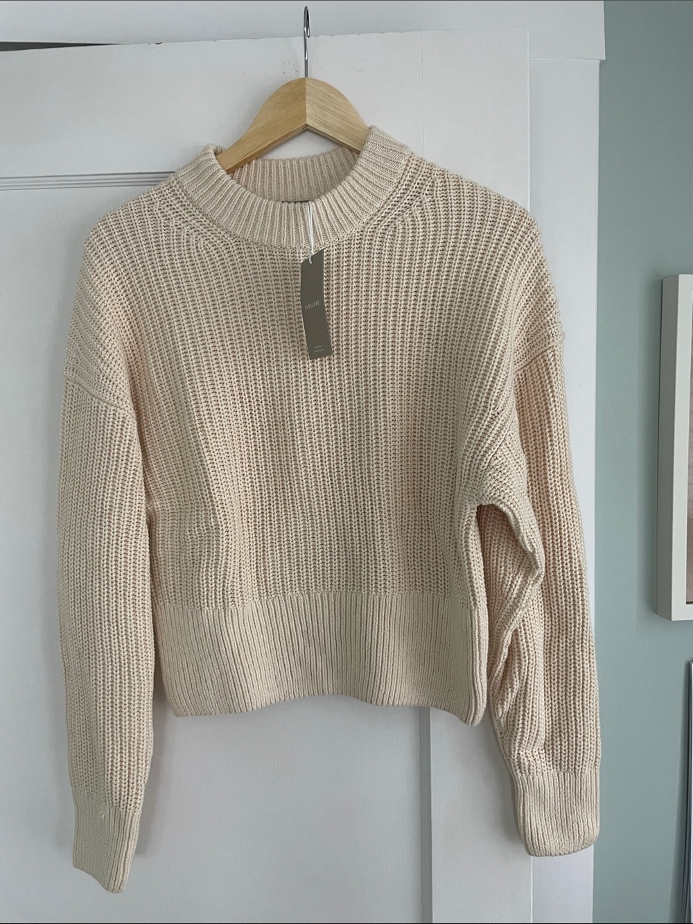 NWT Everlane Cream Ribbed Organic-Cotton Crewneck Sweater, Size Small - Picture 2 of 6